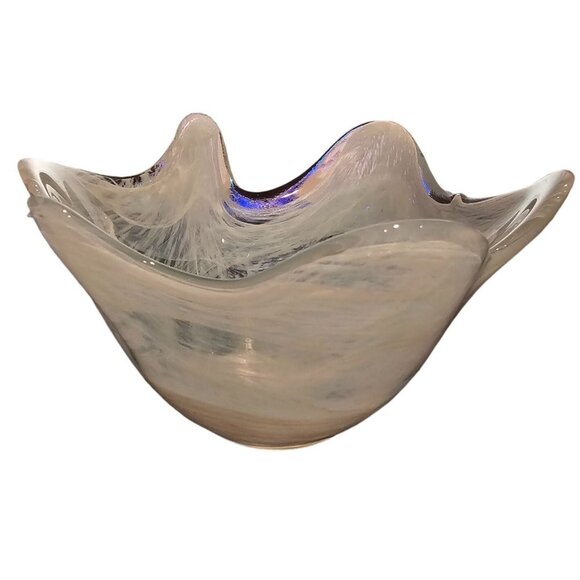 Hand Blown Recycled Glass Bowl Swirled Design Made in Spain Light Blue White - Picture 4 of 8